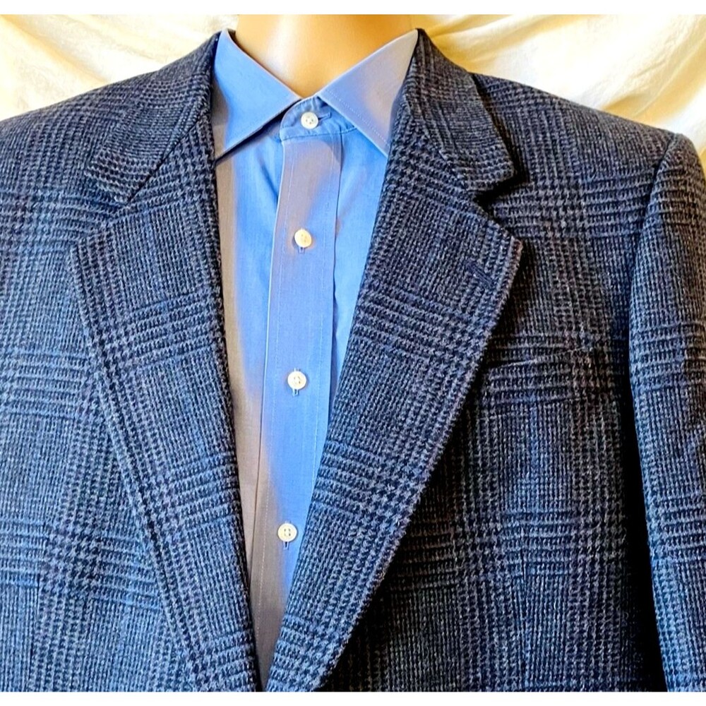 Woodmere Vintage Sport Coat Wool Glen Plaid Blue Gray 42 L Preppy Academia